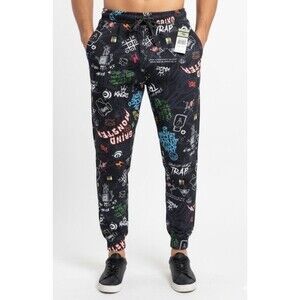 Fresh Prints of Bel-Air Jogger Pants Medium Black Multi Graphic Streetwear NWT